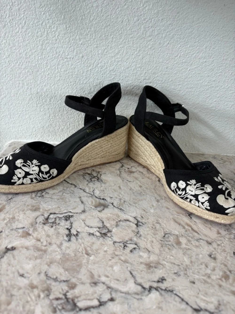 Lauren Ralph Lauren Black Espadrille Wedges with White Floral Embroidery
